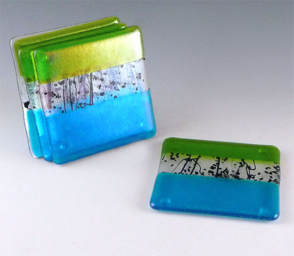 Set of 4 Aqua & Green Glass Coasters